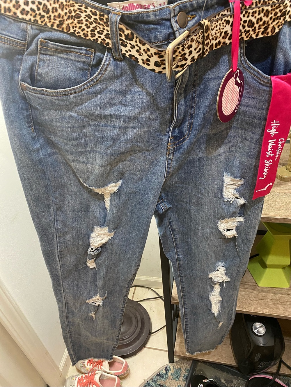 Dollhouse Light Blue Distressed Boyfriend Jeans with Leopard Belt